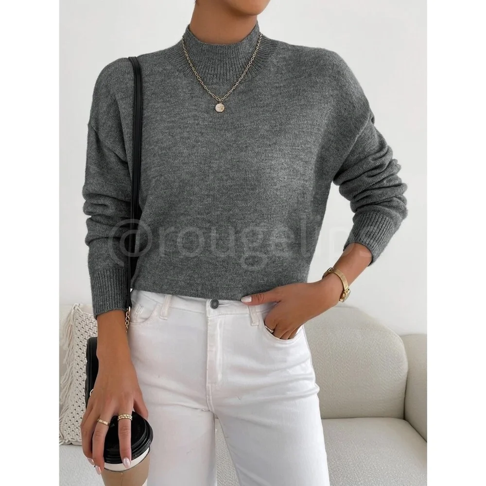 Grey Turtleneck Knit Pullover Sweater Long Sleeve - Picture 2 of 7